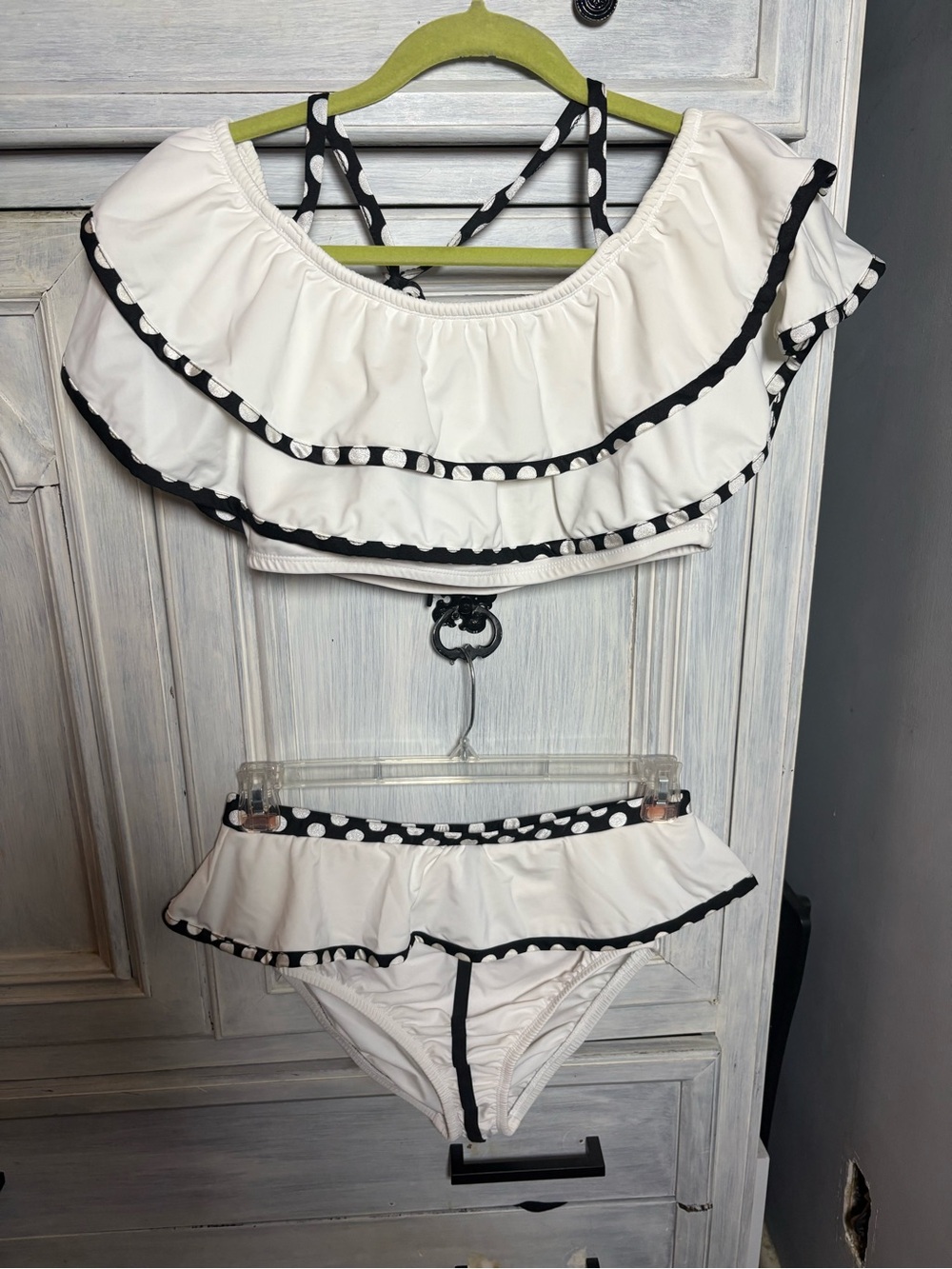 Rue 107 White Black Polka Dot Frilly Ruffles High Waist Bikini Curvy Flattering - Picture 2 of 10